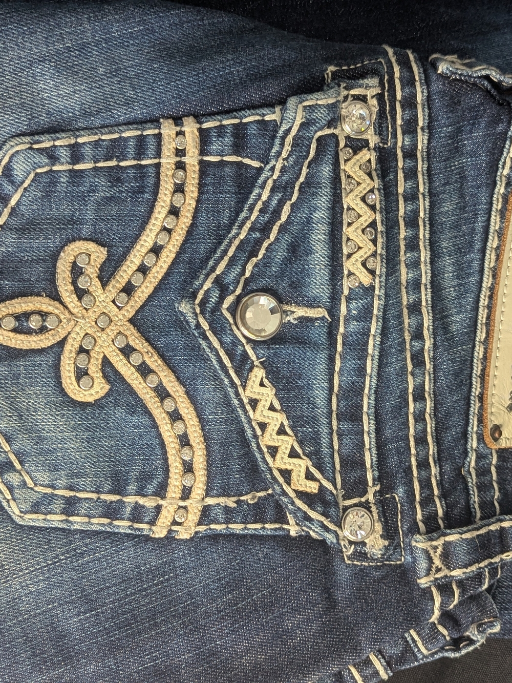 Rock Revival Dark Blue Skinny Jeans with Embroidered Pocket & Rhinestones